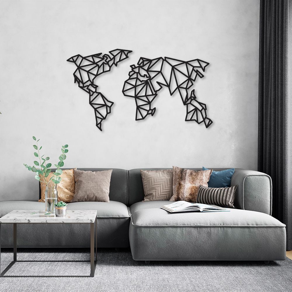 Quadro Escultura Mapa Mundi Poligonal 120x67 Preto