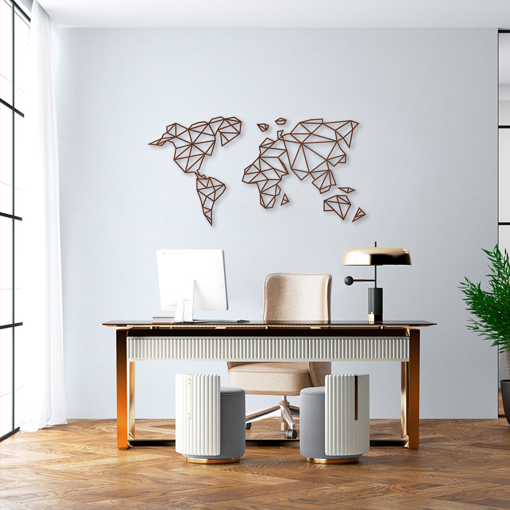 Quadro Escultura Mapa Mundi Poligonal Clean 120x60 Marrom