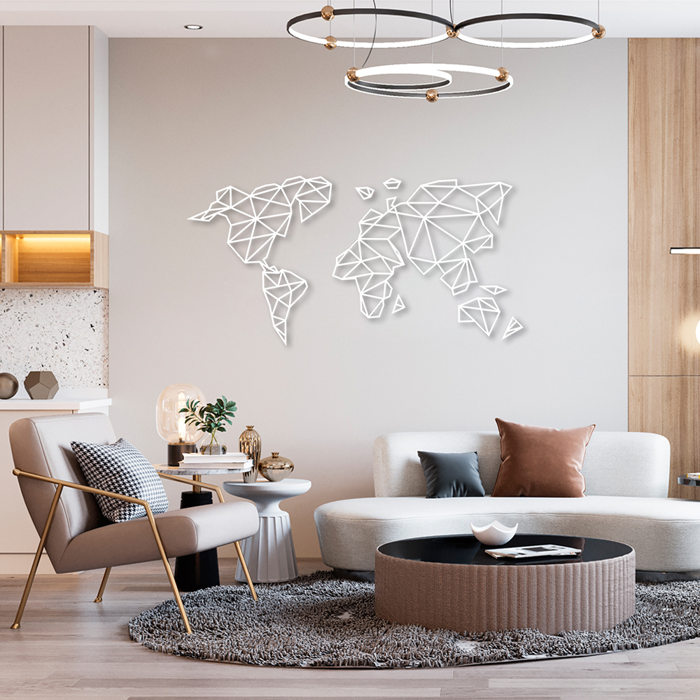 Quadro Escultura Mapa Mundi Poligonal Clean 150x75 Branco