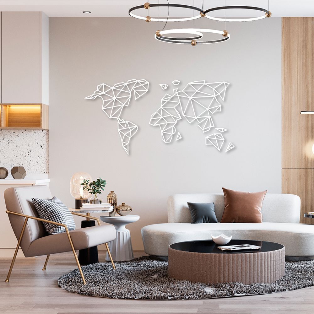 Quadro Escultura Mapa Mundi Poligonal Clean 200x101 Branco