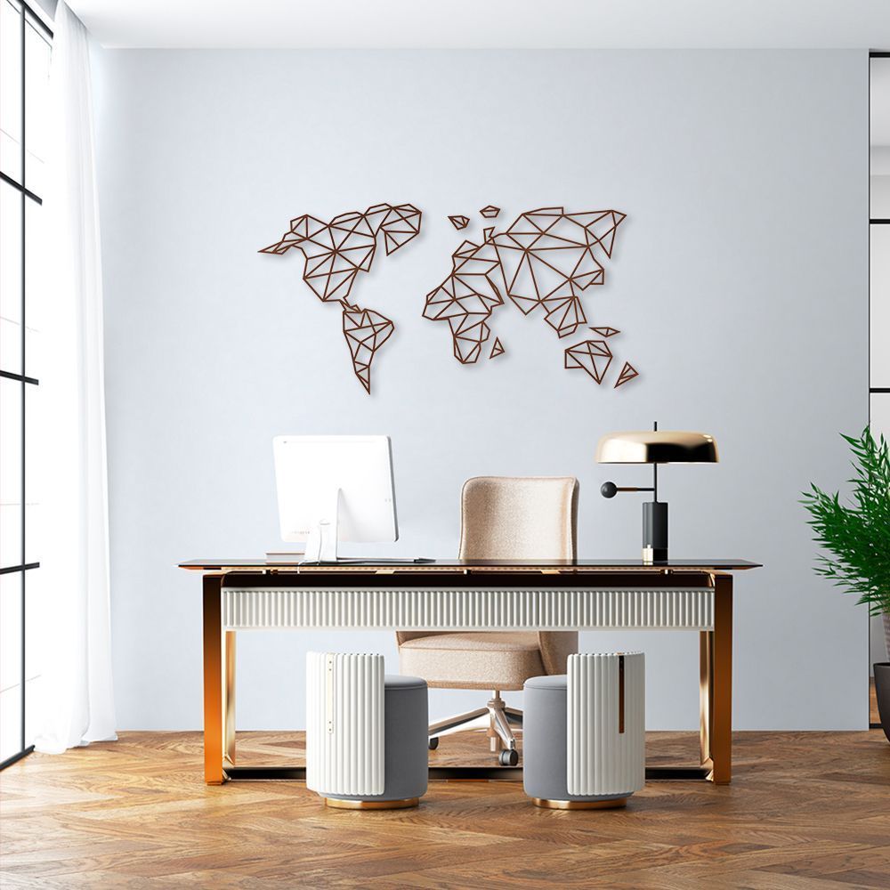 Quadro Escultura Mapa Mundi Poligonal Clean 200x101 Marrom