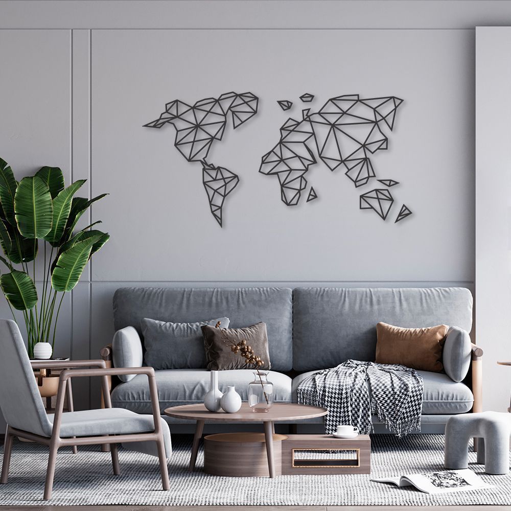 Quadro Escultura Mapa Mundi Poligonal Clean 250x126 Preto
