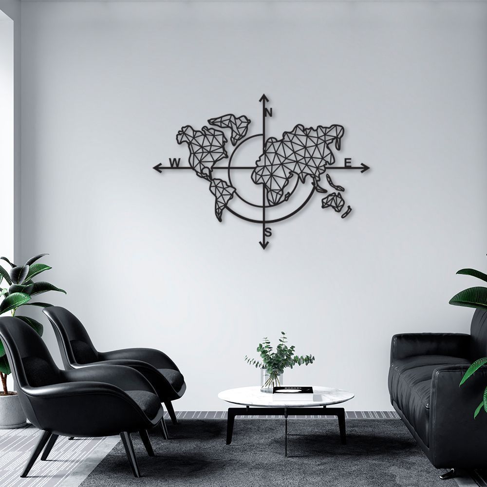 Quadro Escultura Mapa Mundi Rosa dos Ventos 120x86 Preto