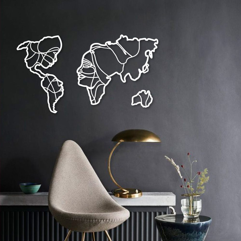 Quadro Escultura Mapa Mundi Rostos Branco 120x67 Branco