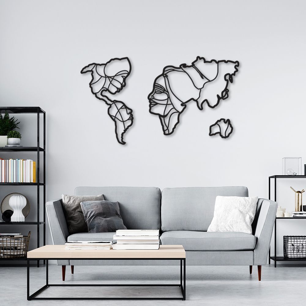 Quadro Escultura Mapa Mundi Rostos Preto 120x67 Preto