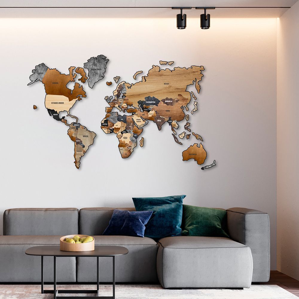 Quadro Escultura Mapa Mundi com Madeira 240x145 Preto