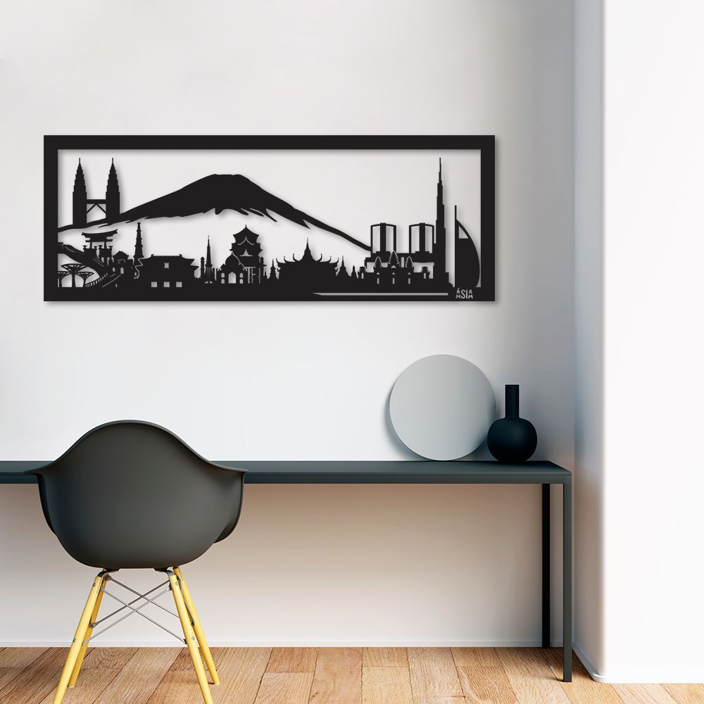 Quadro Escultura Pontos Turisticos da Ásia 80x29 Preto