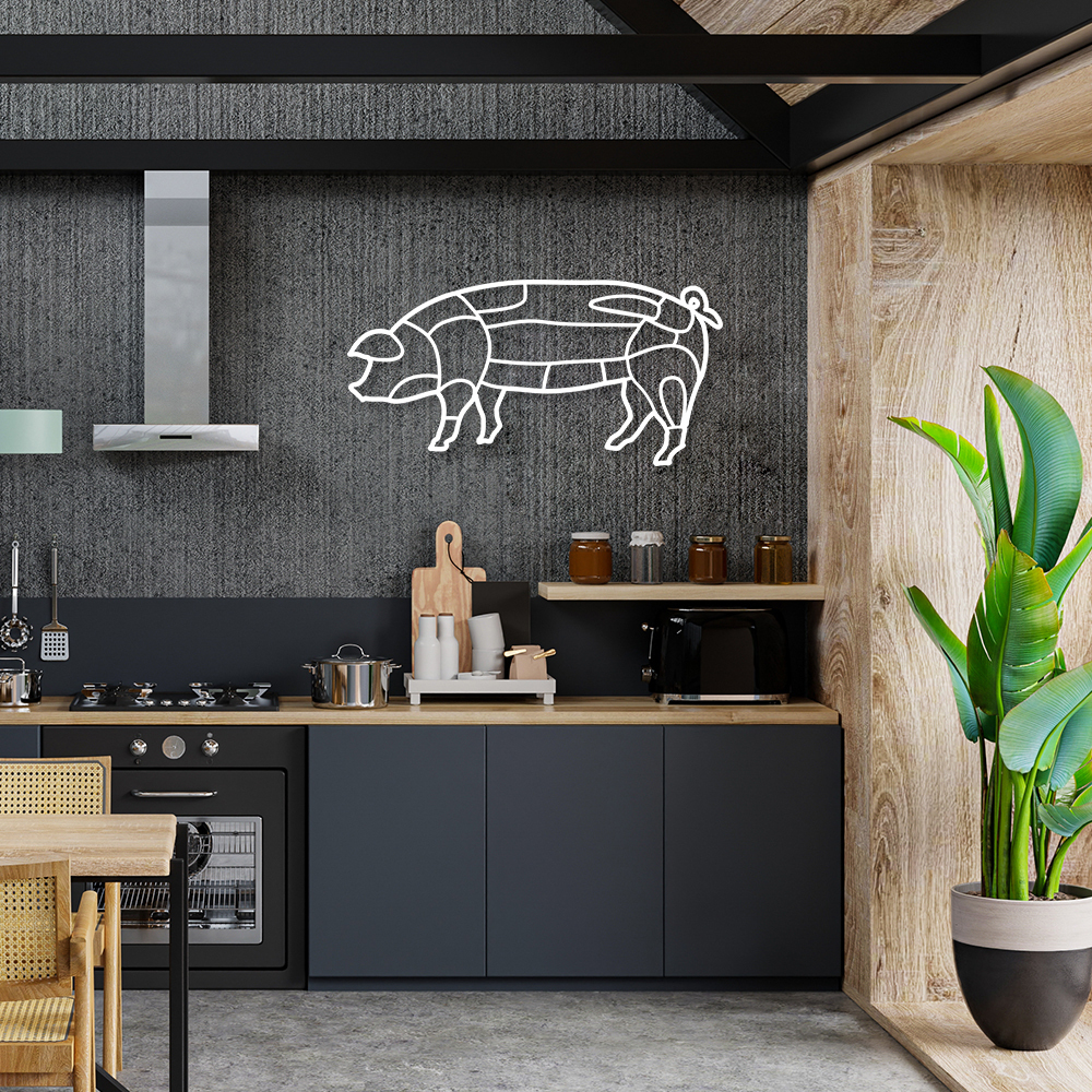 Quadro Escultura Porco Cortes de carne 100x50 Branco