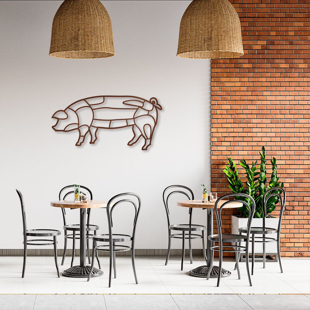 Quadro Escultura Porco Cortes de carne 100x50 Marrom