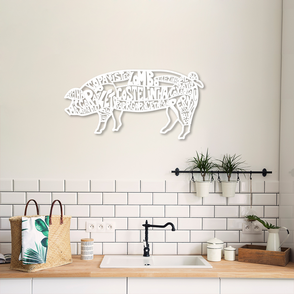Quadro Escultura Porco Nome Cortes de Carne 100x50 Branco