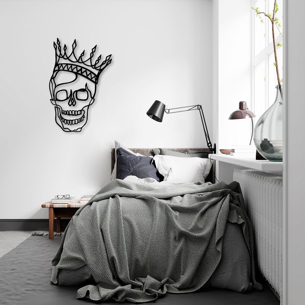 Quadro Escultura Rei Caveira com Coroa One Line 100x66 Preto