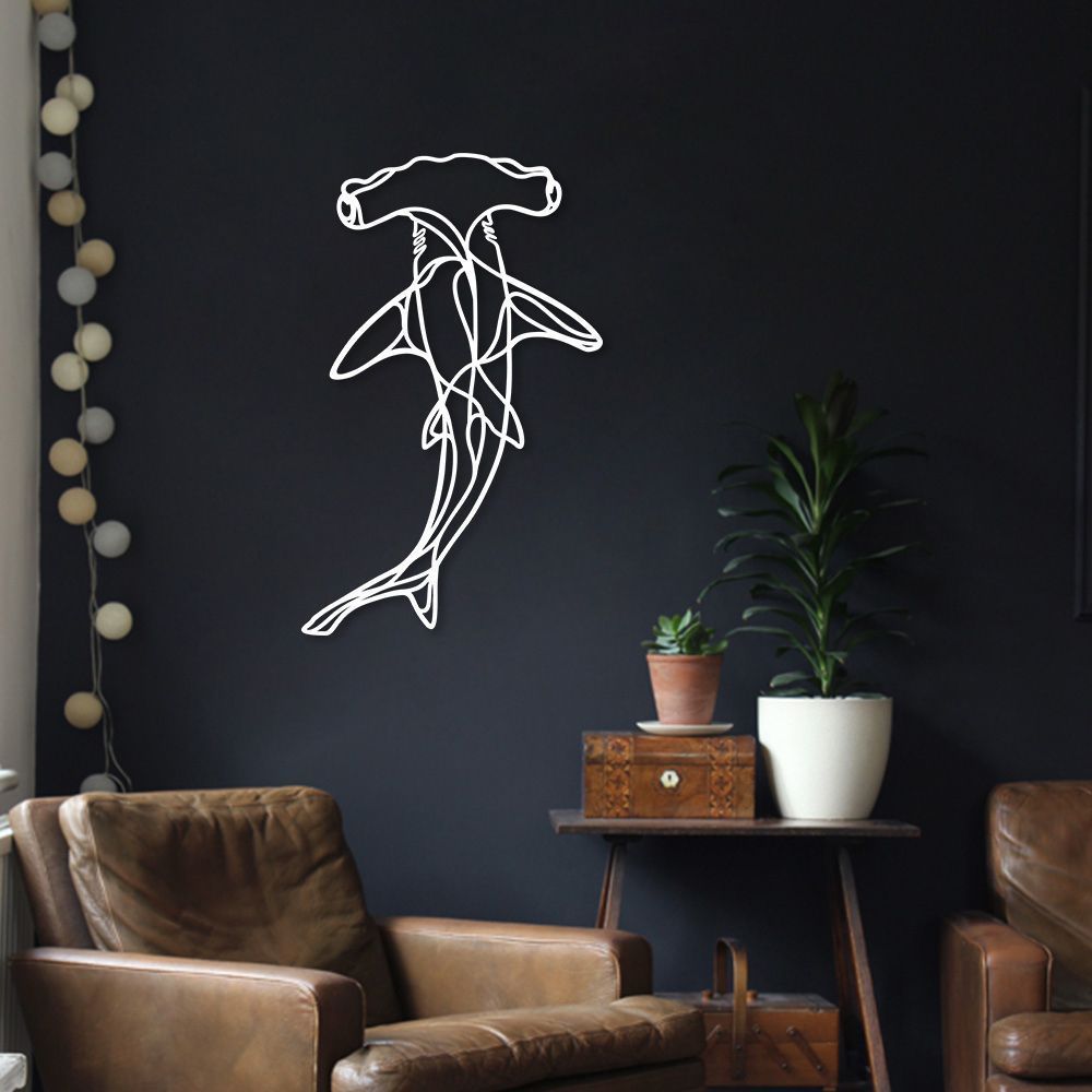 Quadro Escultura Tubarão Martelo One Line 60x37 Branco