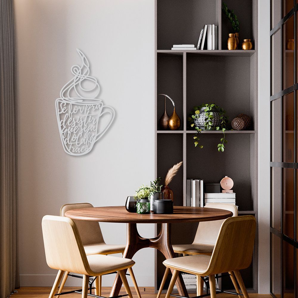 Quadro Escultura Xícara de Café Frase 100x56 Cinza