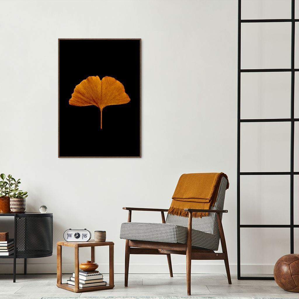 Quadro Folha Amarela Ginkgo Biloba 43x30 Filete Marrom