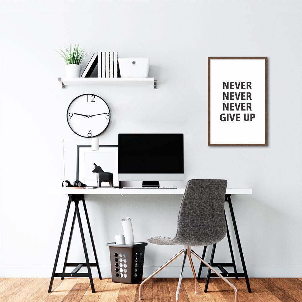 Quadro Frase Never Give Up 86x60 Caixa Marrom