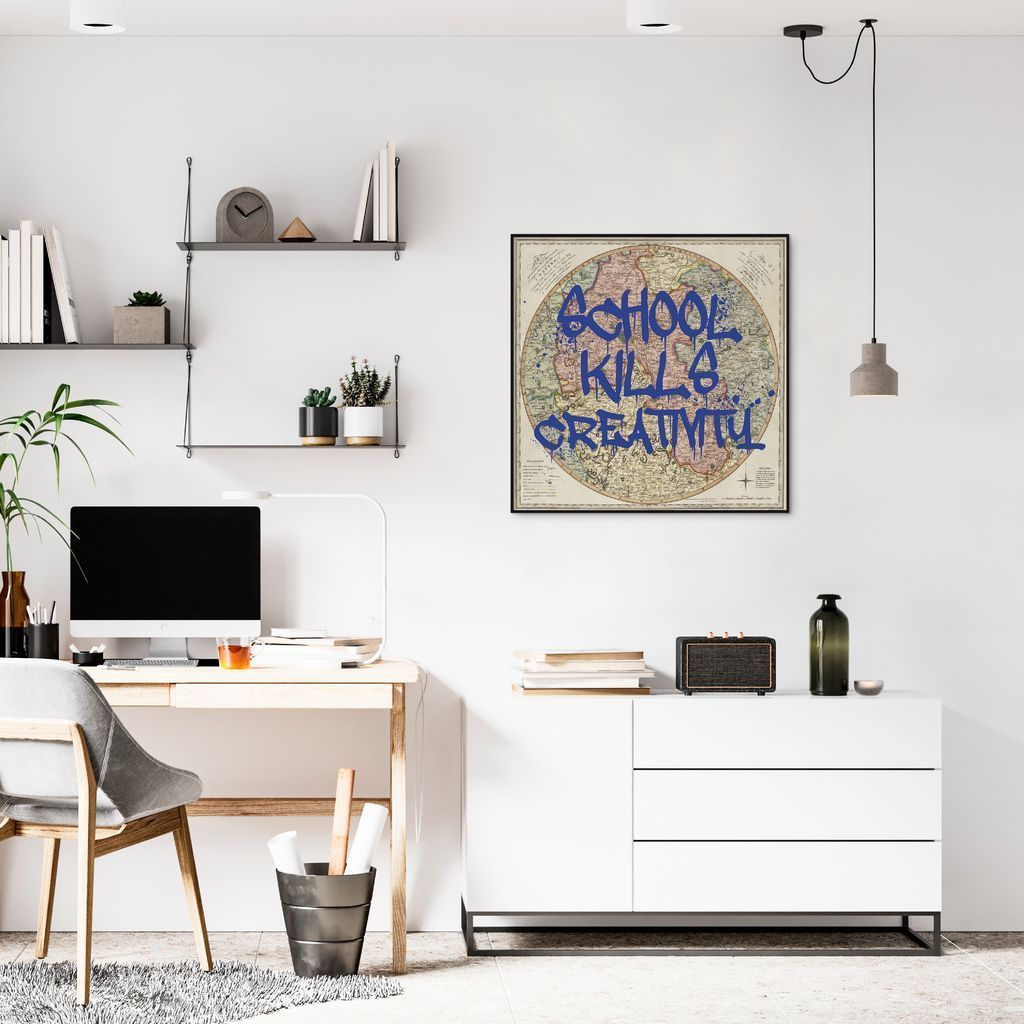 Quadro Frase School Kills Creativity 43x43 Filete Preto