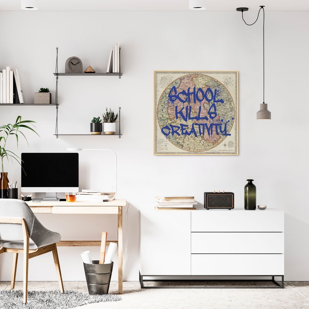 Quadro Frase School Kills Creativity 86x86 Filete Marfim