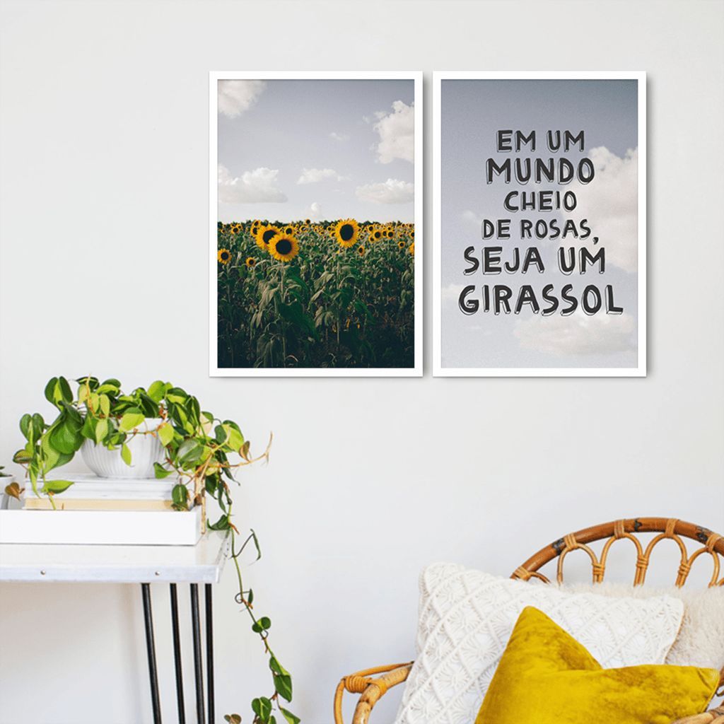 Quadro Frase Seja um Girassol 88x60 2-60x43 Caixa Branco
