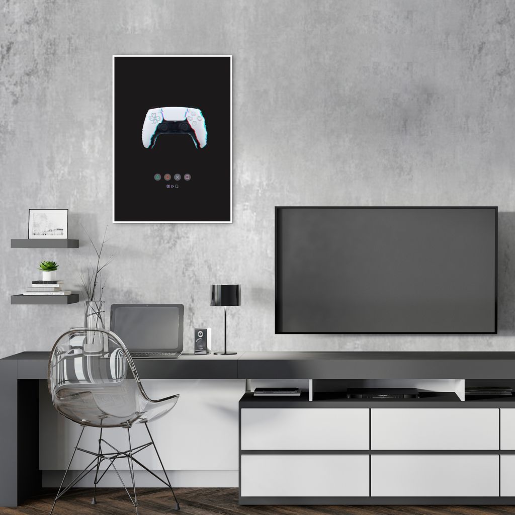 Quadro Gamer Glitch Controle PS Buttons 43x30 Filete Branco