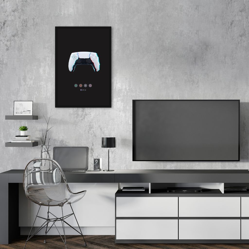 Quadro Gamer Glitch Controle PS Buttons 60x43 Caixa Preto