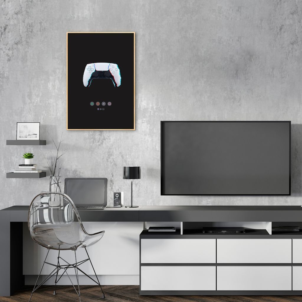 Quadro Gamer Glitch Controle PS Buttons 86x60 Filete Marfim