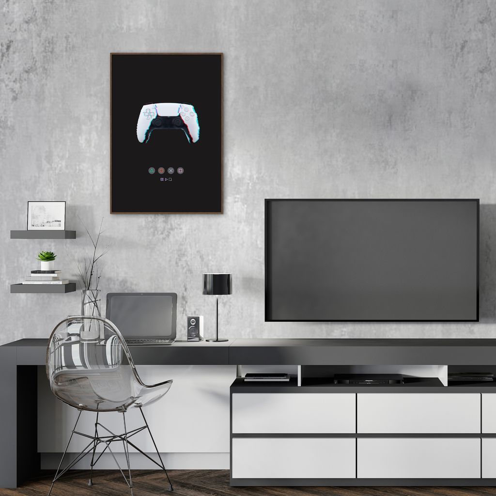 Quadro Gamer Glitch Controle PS Buttons 86x60 Filete Marrom