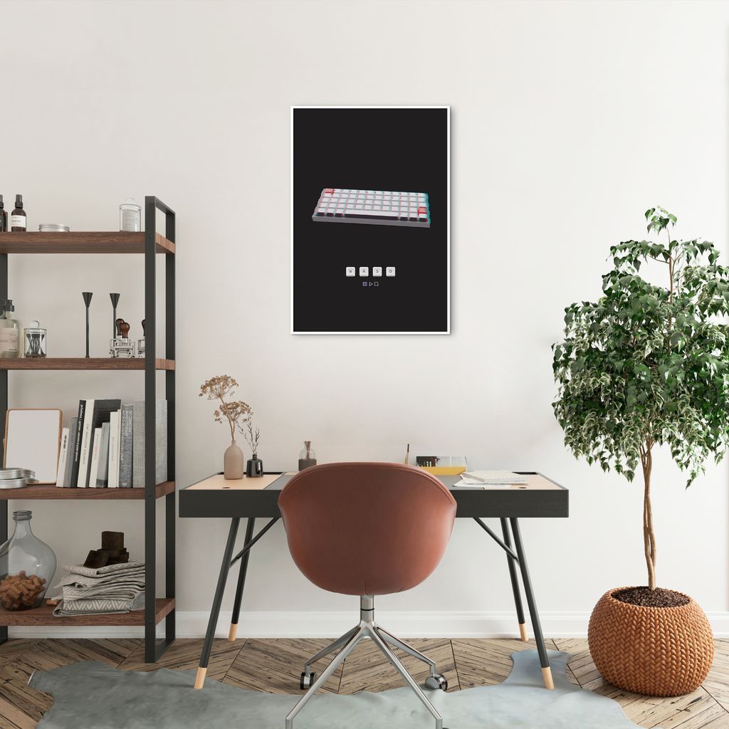 Quadro Gamer Glitch Teclado W A S D 60x43 Filete Branco