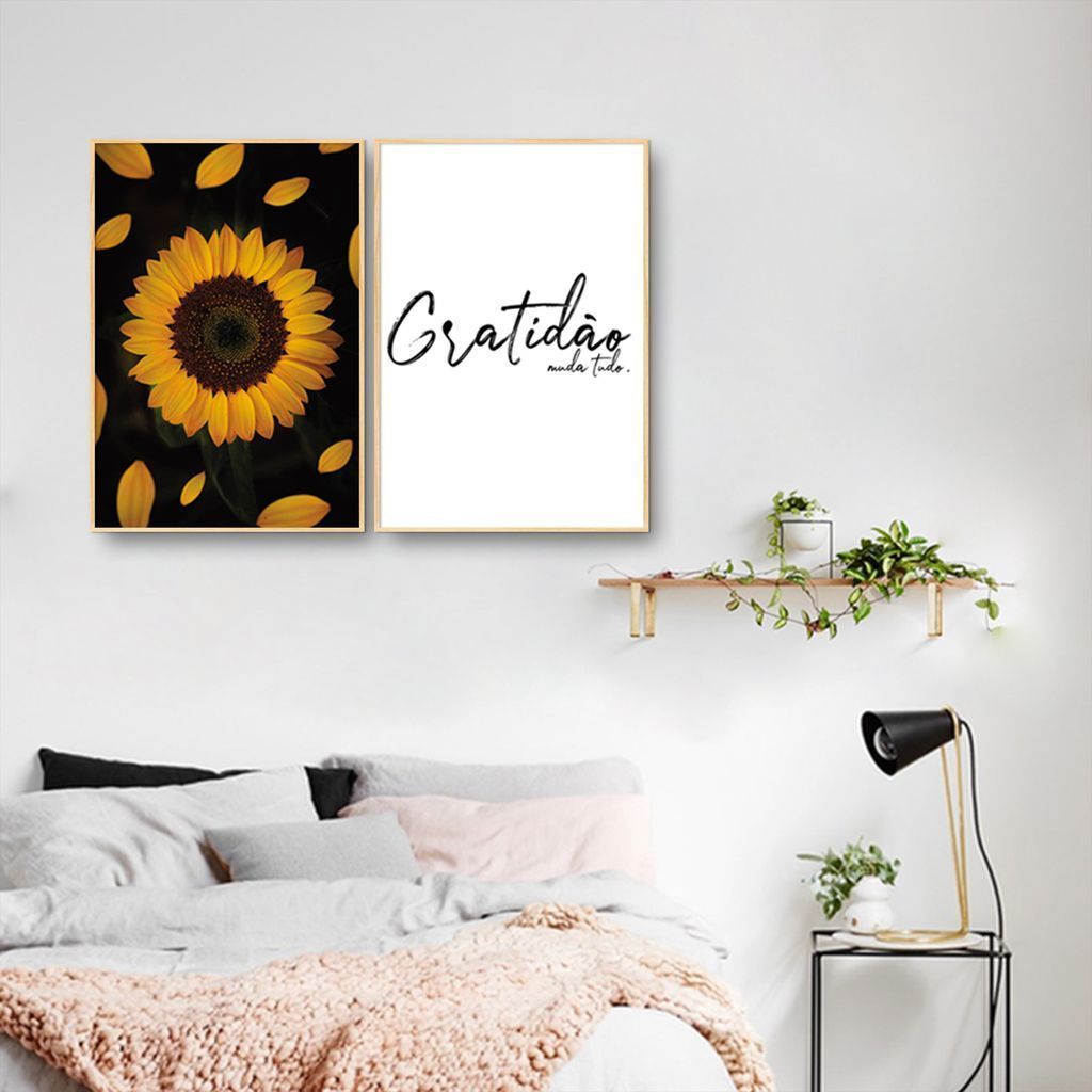 Quadro Girassol Frase Gratidão 88x60 2-60x43 Filete Marfim