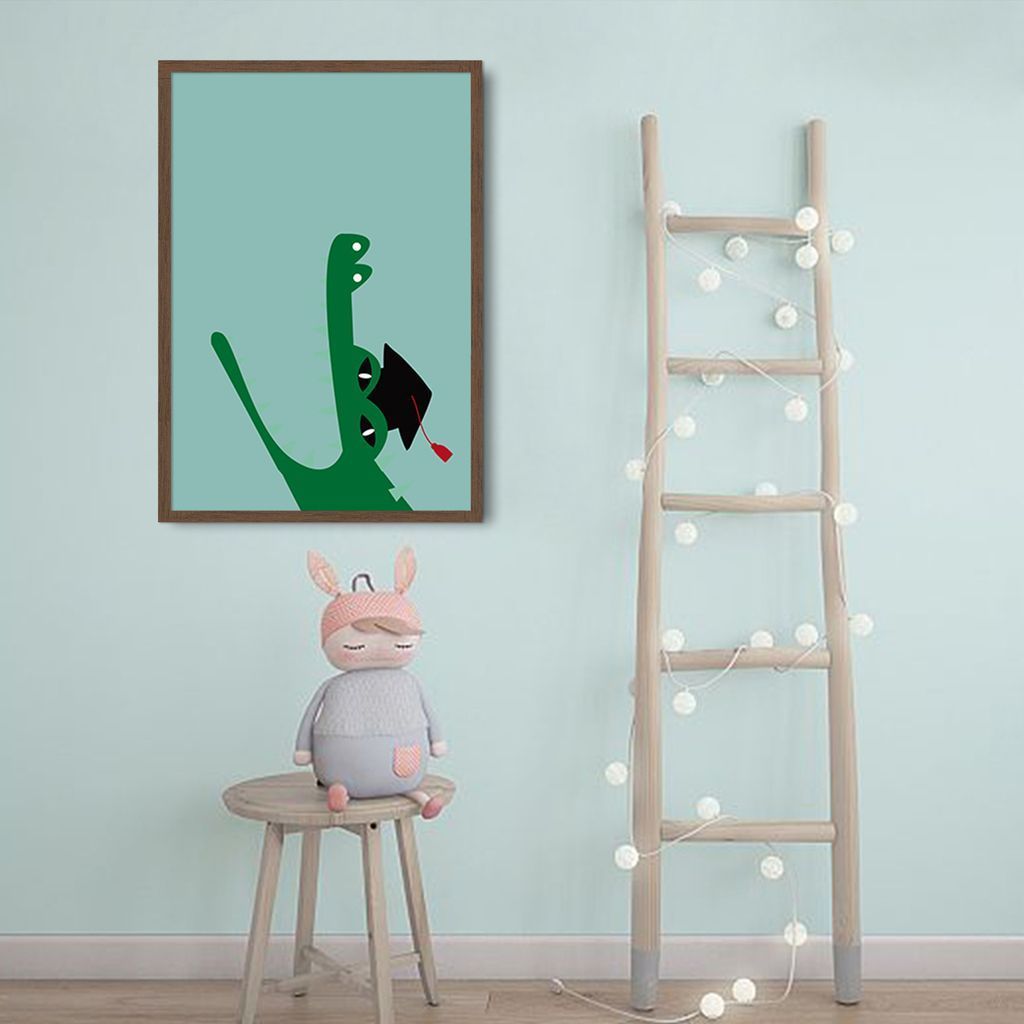 Quadro Infantil Cartoon Jacaré 43x30 Caixa Marrom