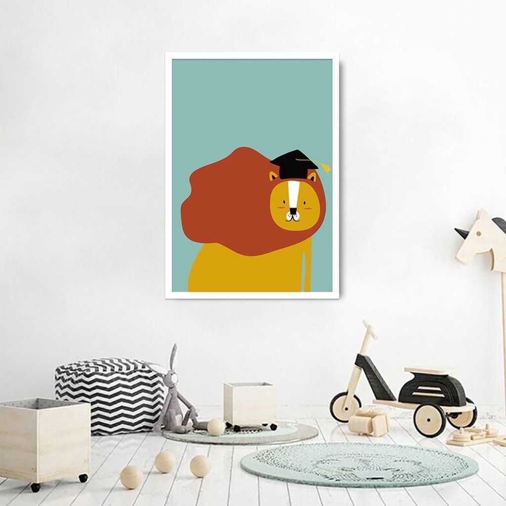 Quadro Infantil Cartoon Leão 60x43 Caixa Branco