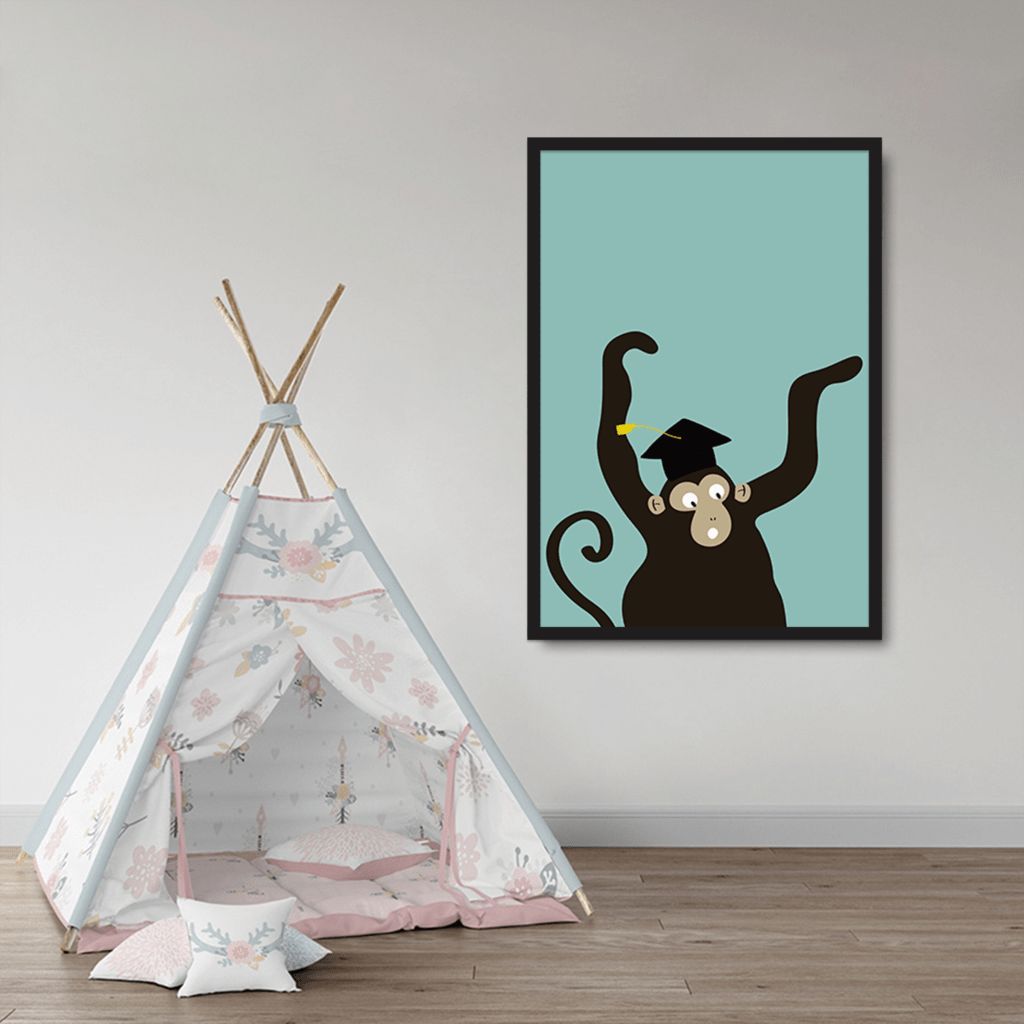 Quadro Infantil Cartoon Macaco 43x30 Caixa Preto