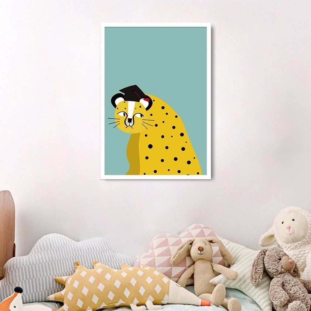 Quadro Infantil Cartoon Onça 60x43 Caixa Branco