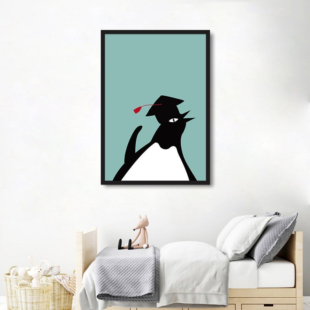 Quadro Infantil Cartoon Pinguim 43x30 Caixa Preto