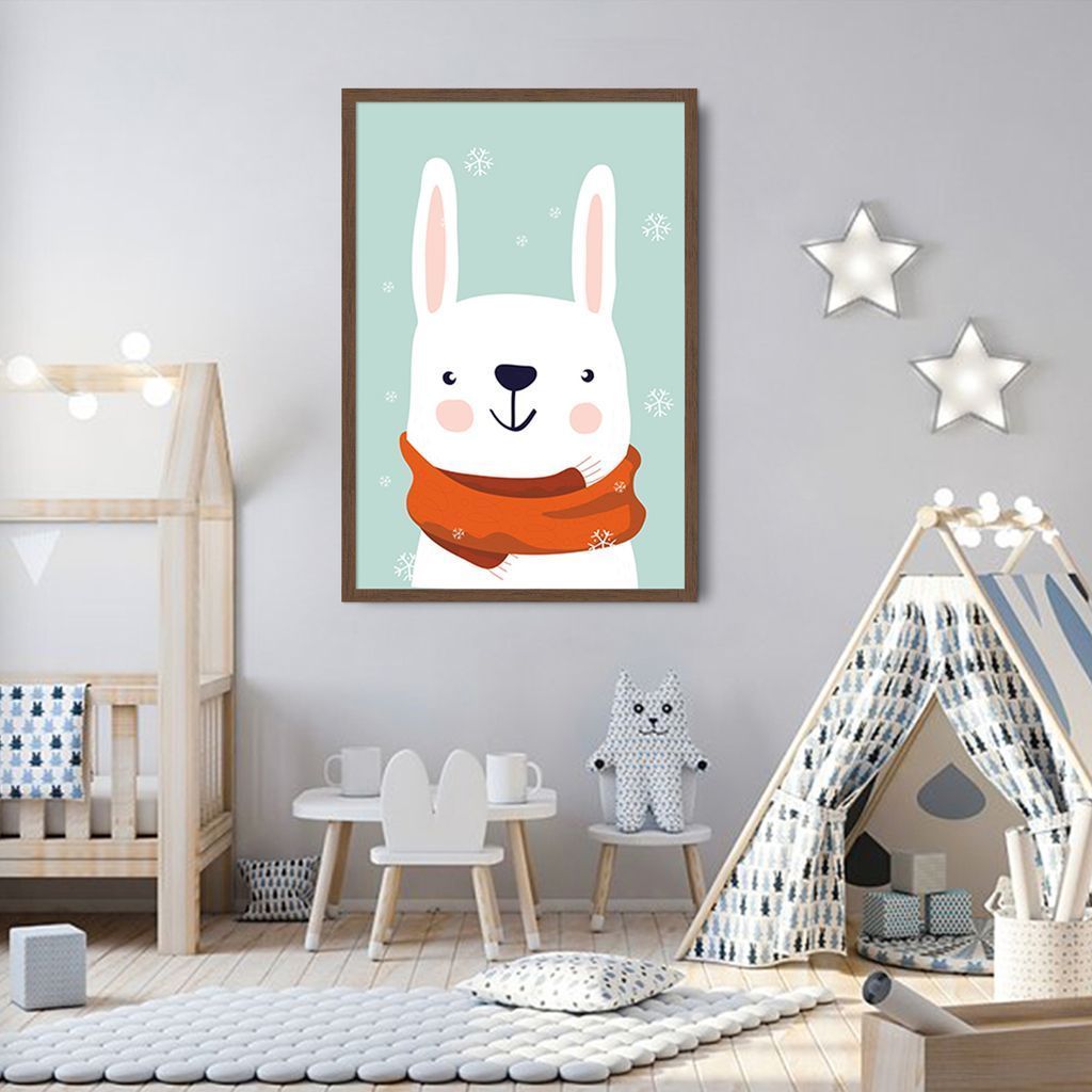 Quadro Infantil Coelho na Neve 86x60 Caixa Marrom