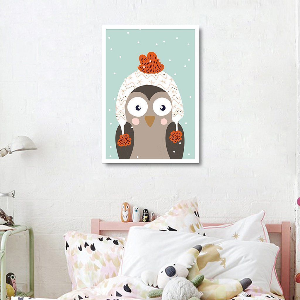Quadro Infantil Coruja na Neve 100x70 Caixa Branco