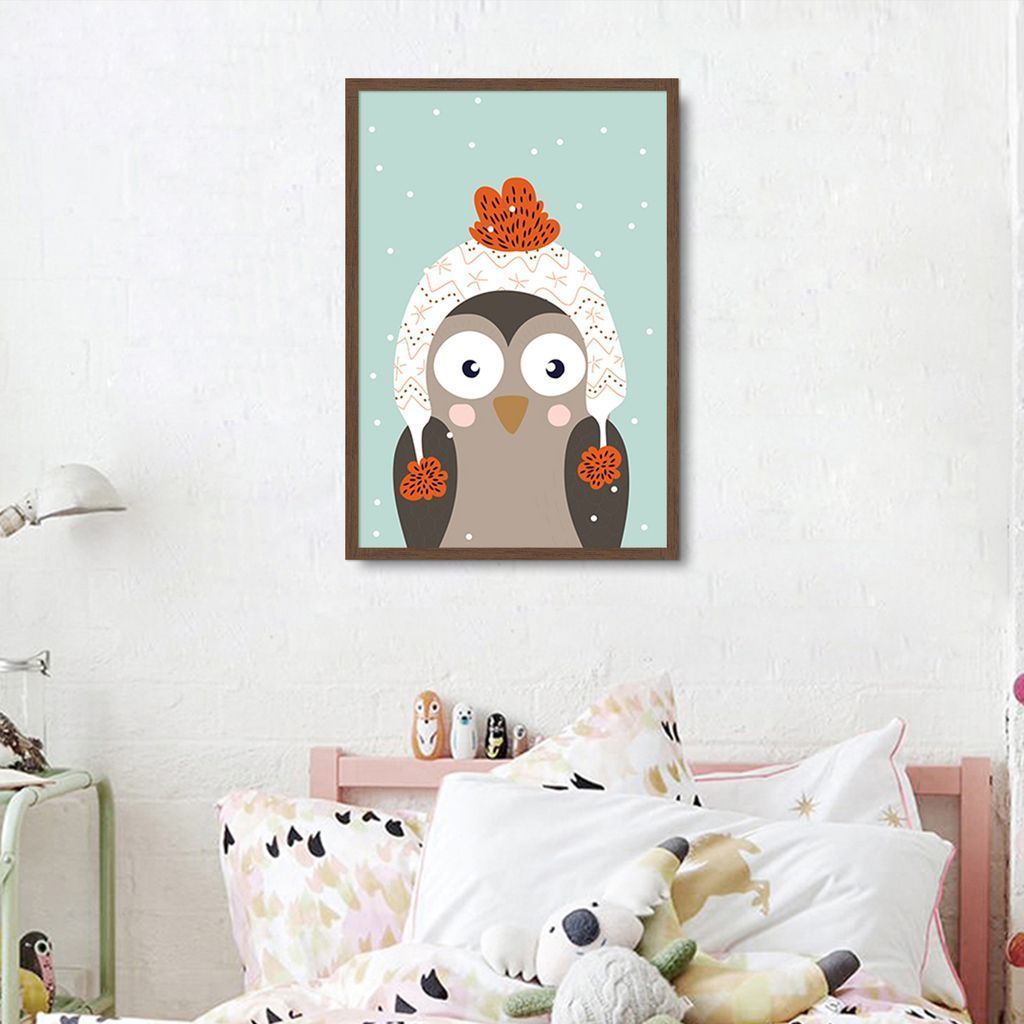 Quadro Infantil Coruja na Neve 100x70 Caixa Marrom