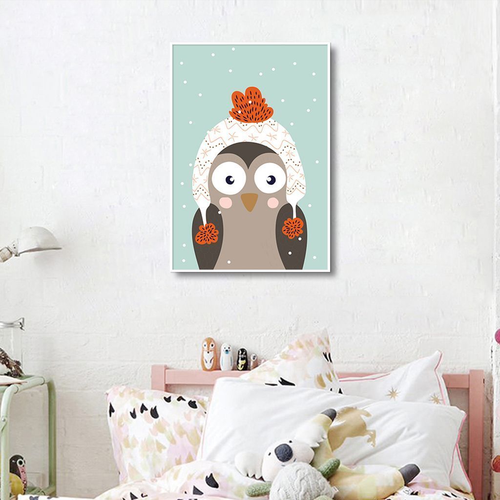 Quadro Infantil Coruja na Neve 86x60 Filete Branco