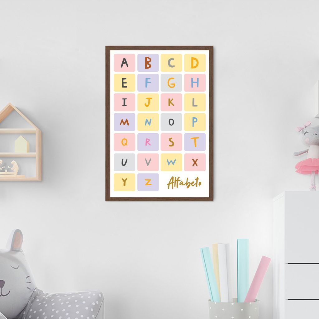Quadro Infantil Didático Alfabeto 60x43 Caixa Marrom