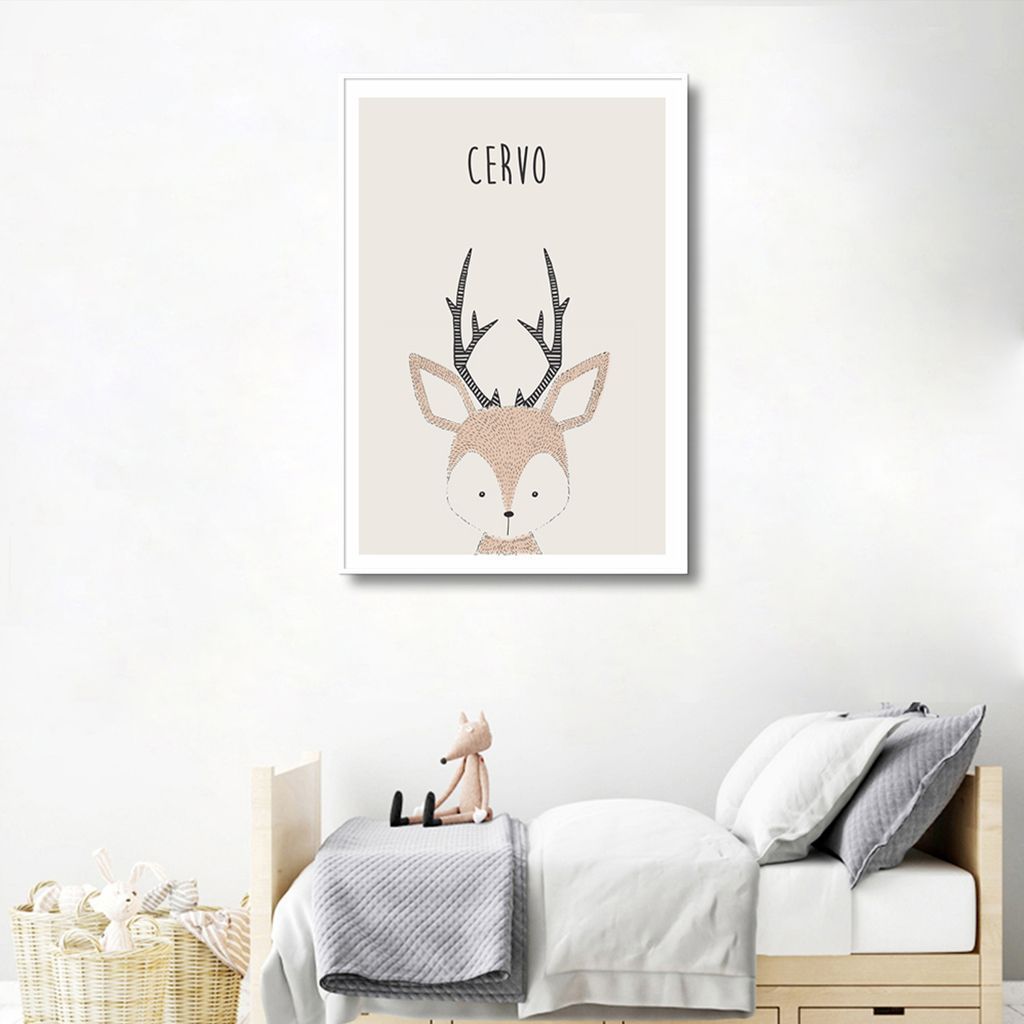Quadro Infantil Didático Cervo 100x70 Filete Branco
