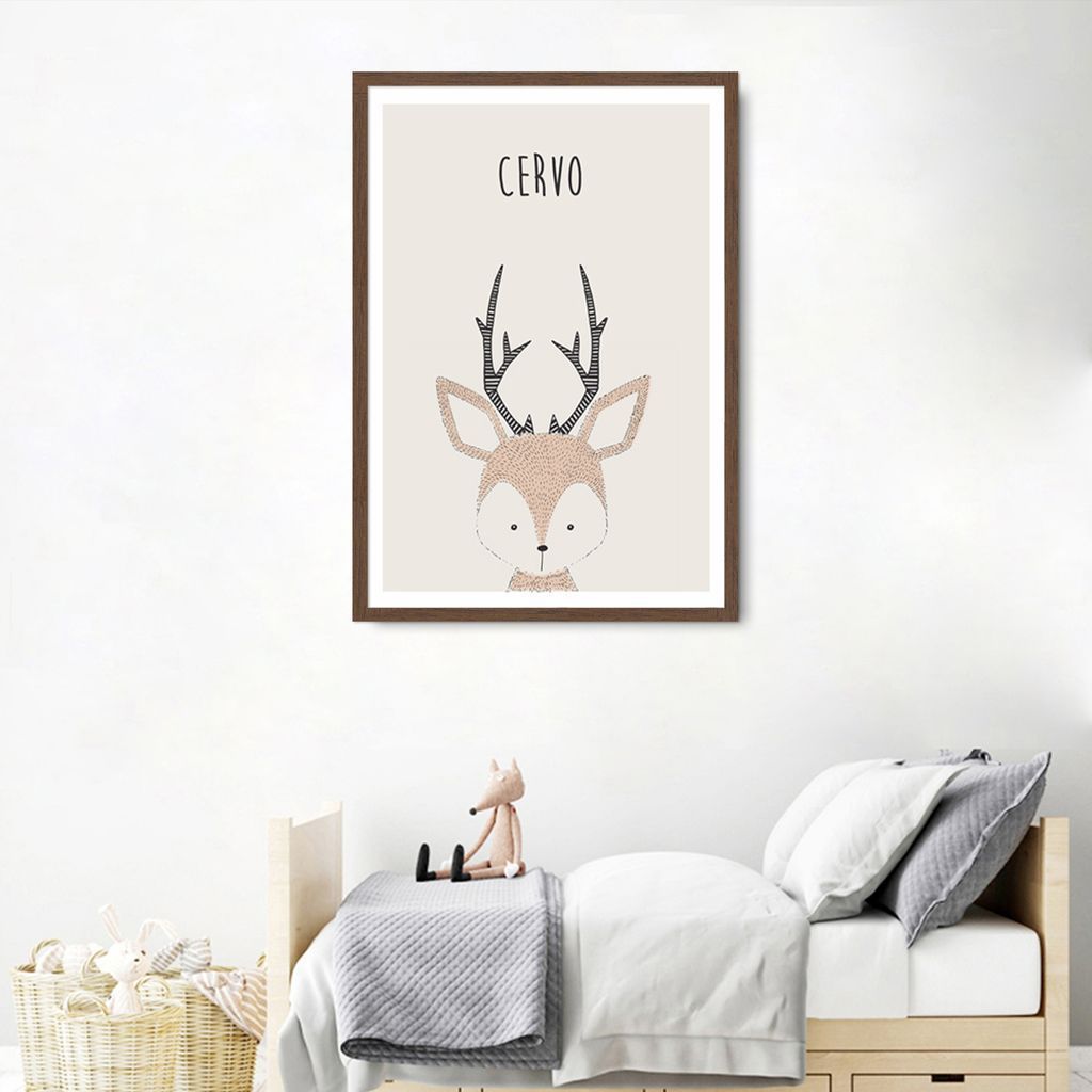 Quadro Infantil Didático Cervo 43x30 Caixa Marrom