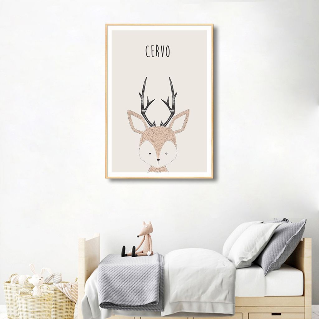 Quadro Infantil Didático Cervo 43x30 Filete Marfim