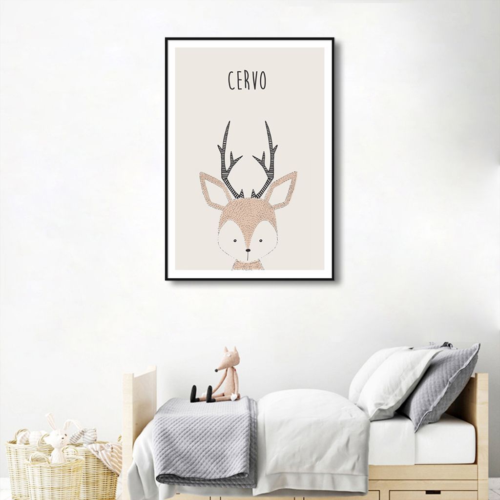 Quadro Infantil Didático Cervo 43x30 Filete Preto
