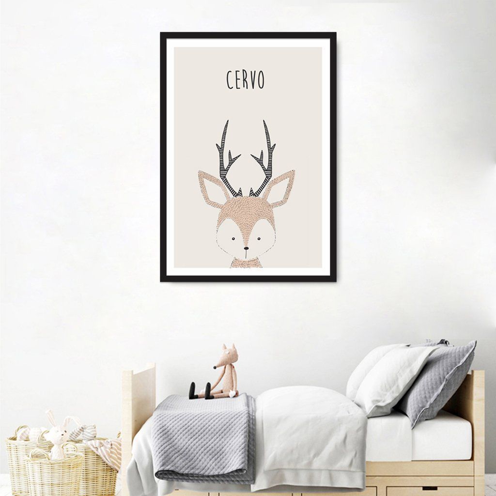 Quadro Infantil Didático Cervo 60x43 Caixa Preto