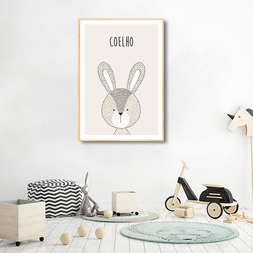Quadro Infantil Didático Coelho 100x70 Filete Marfim