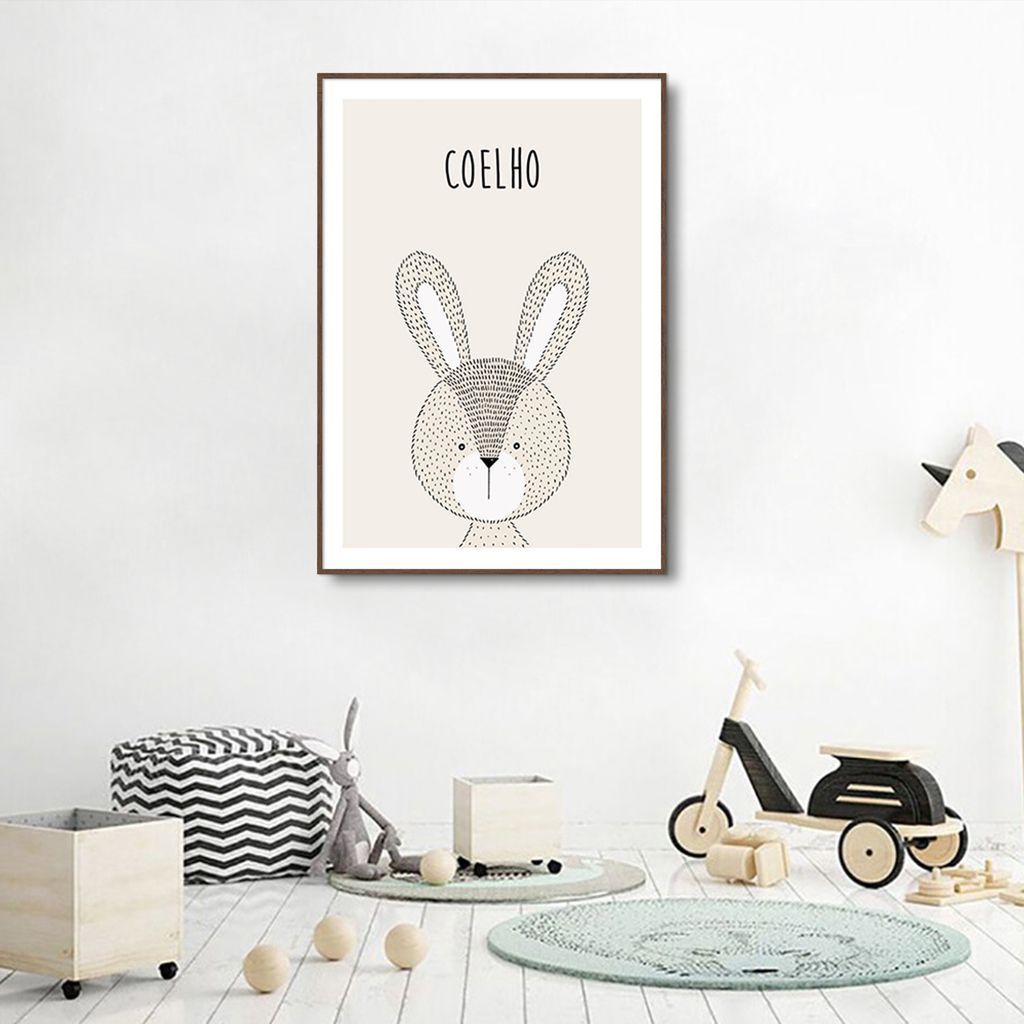Quadro Infantil Didático Coelho 43x30 Filete Marrom