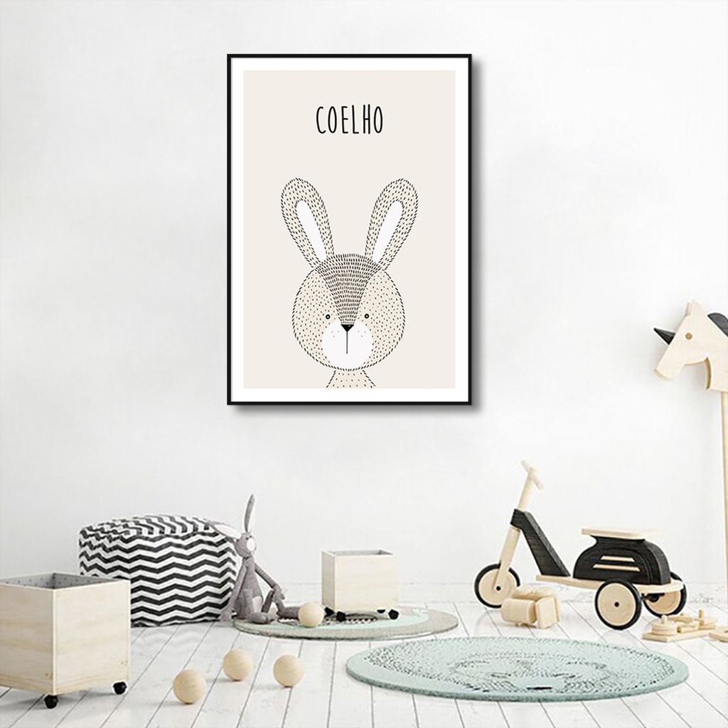 Quadro Infantil Didático Coelho 43x30 Filete Preto