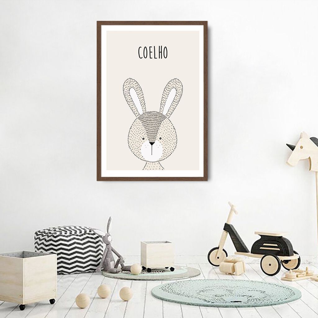 Quadro Infantil Didático Coelho 60x43 Caixa Marrom