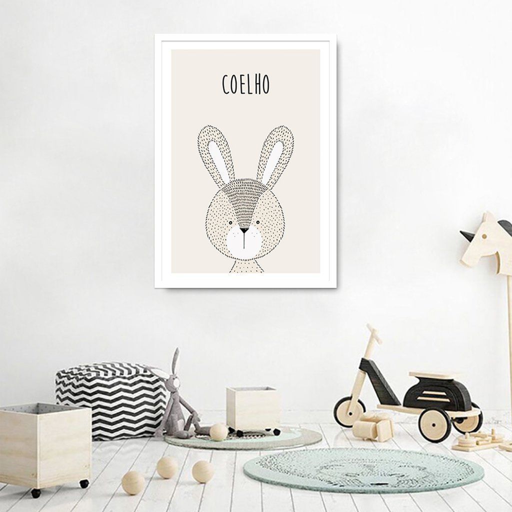 Quadro Infantil Didático Coelho 86x60 Caixa Branco