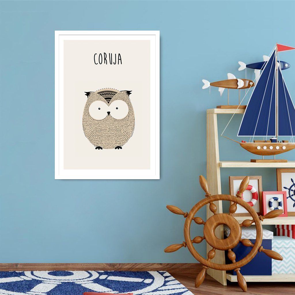 Quadro Infantil Didático Coruja 43x30 Caixa Branco