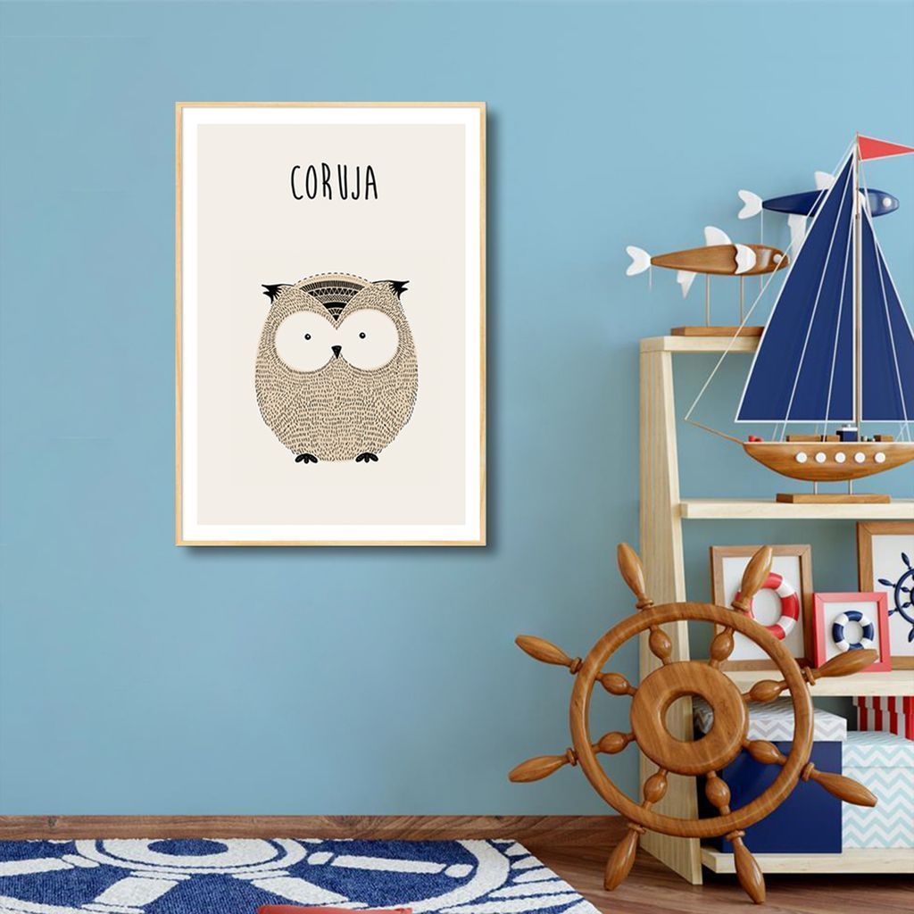 Quadro Infantil Didático Coruja 43x30 Filete Marfim